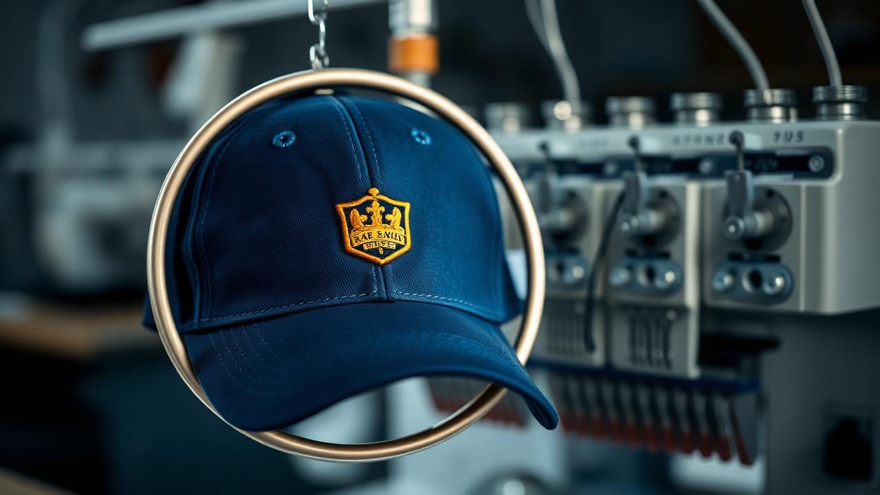 Navy baseball cap hooped on an industrial embroidery machine stitching a gold crest