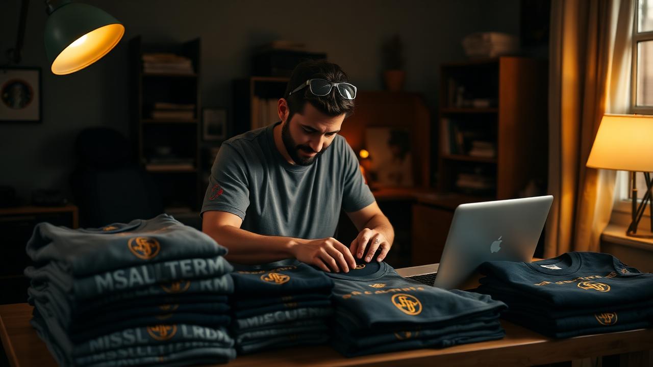 Small business owner packing embroidered apparel orders at a home studio desk