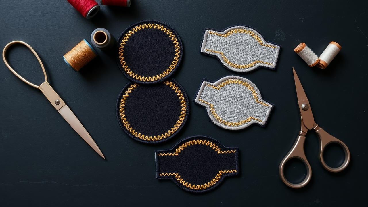 Flat lay of embroidered patches with gold merrowed borders on a dark table
