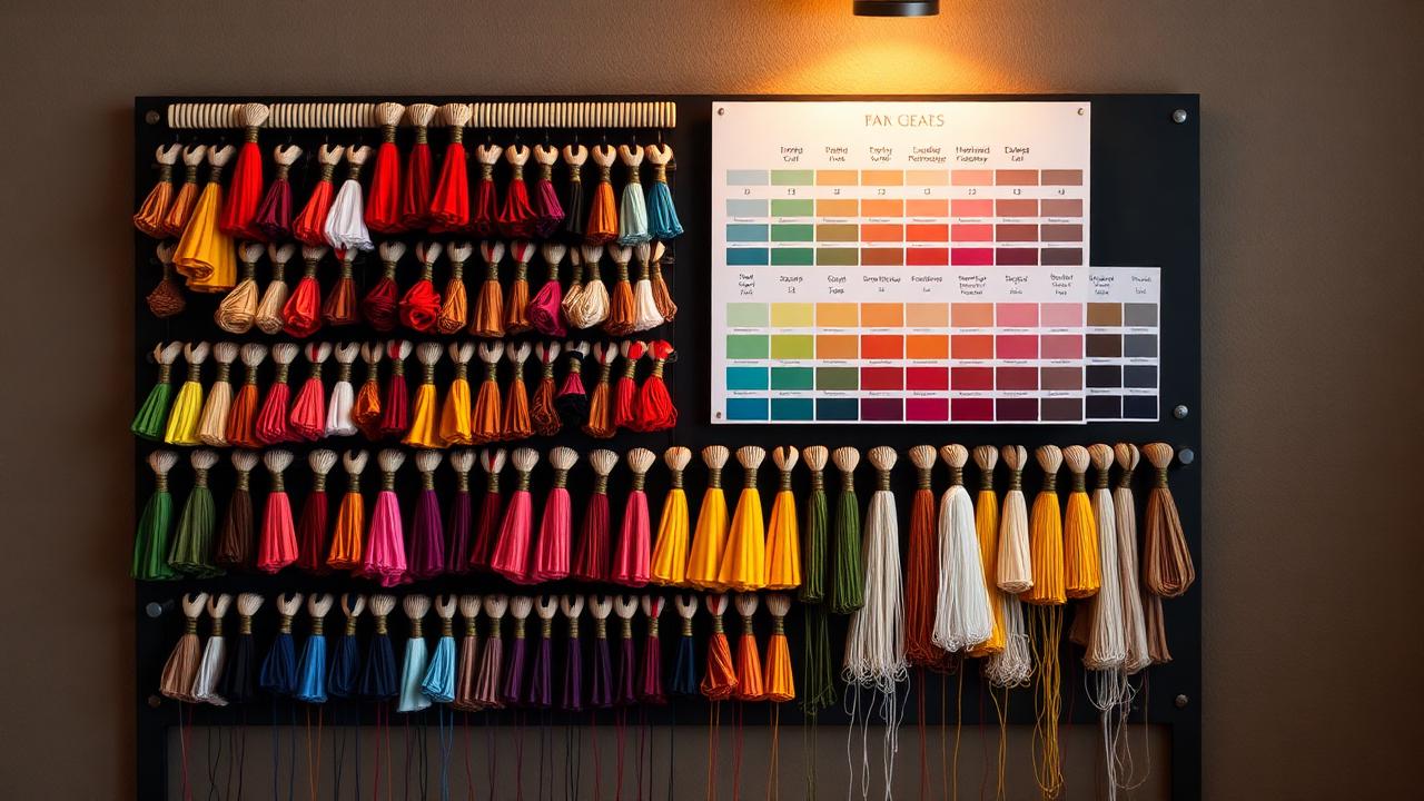 Wall rack of embroidery thread cones beside a thread colour matching chart